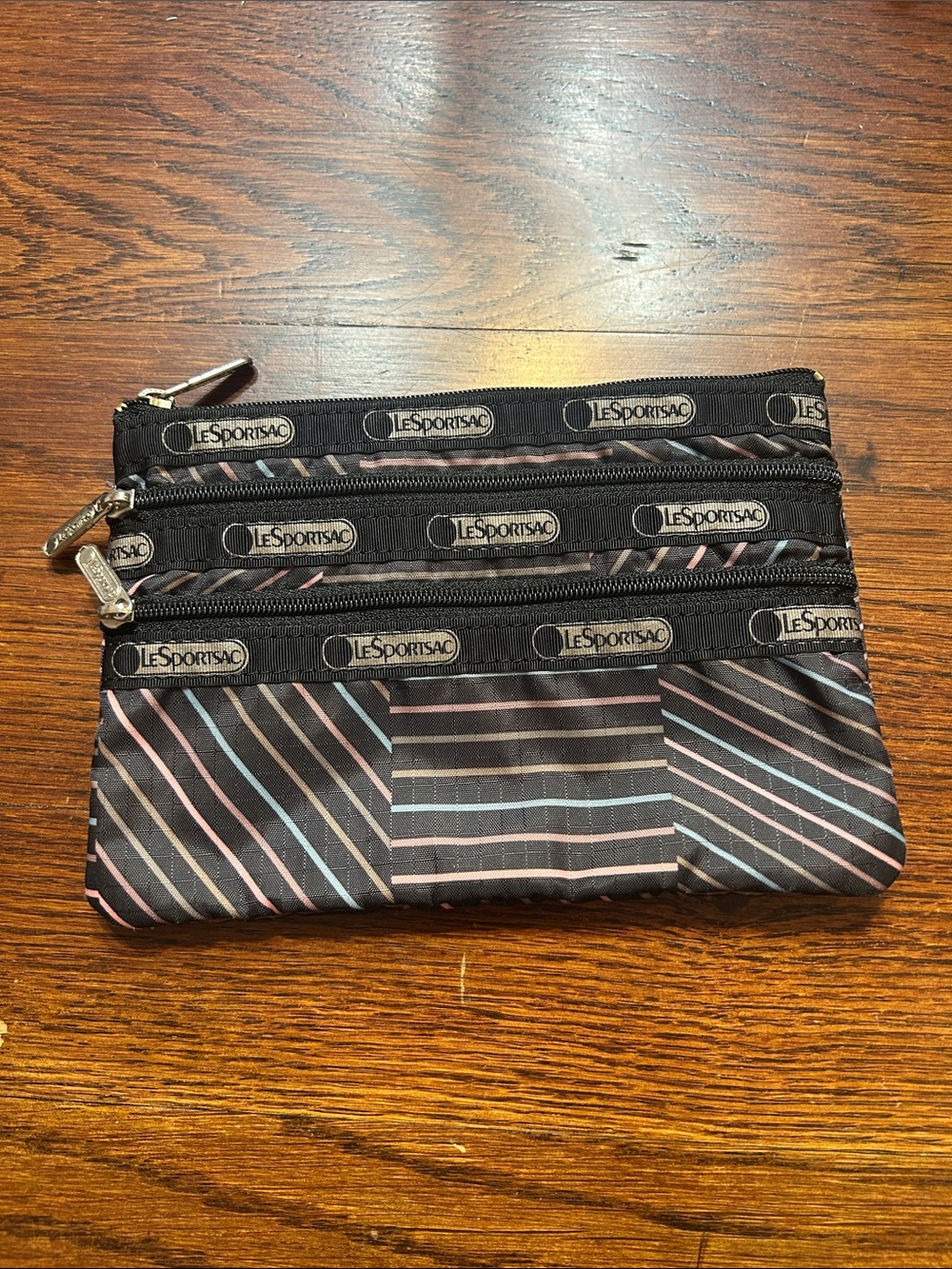 LeSportsac Black Multi-Stripe 3 Zip Pouch